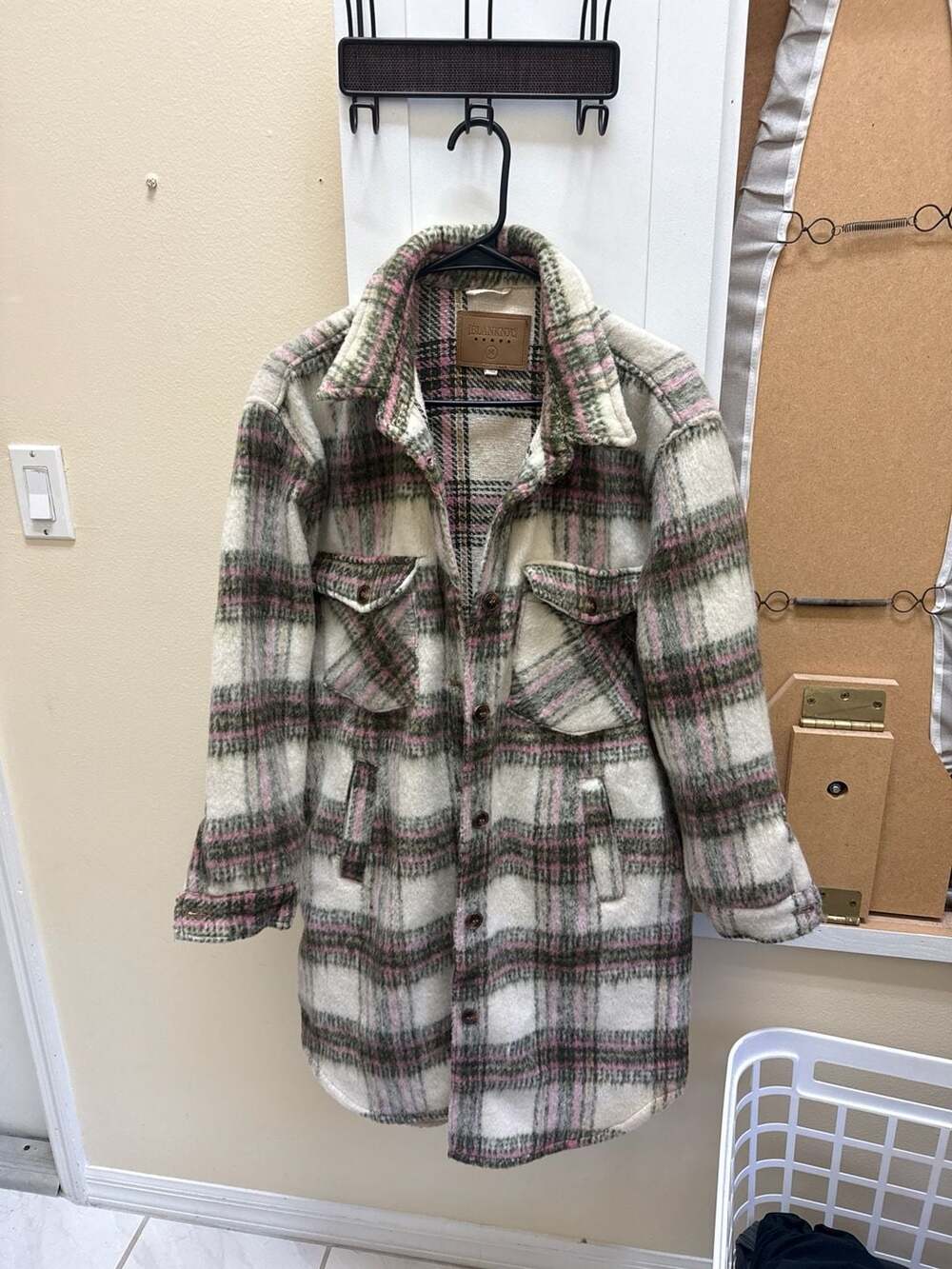 [BLANKNYC] Pink and Green Plaid Oversized Shacket Jacket